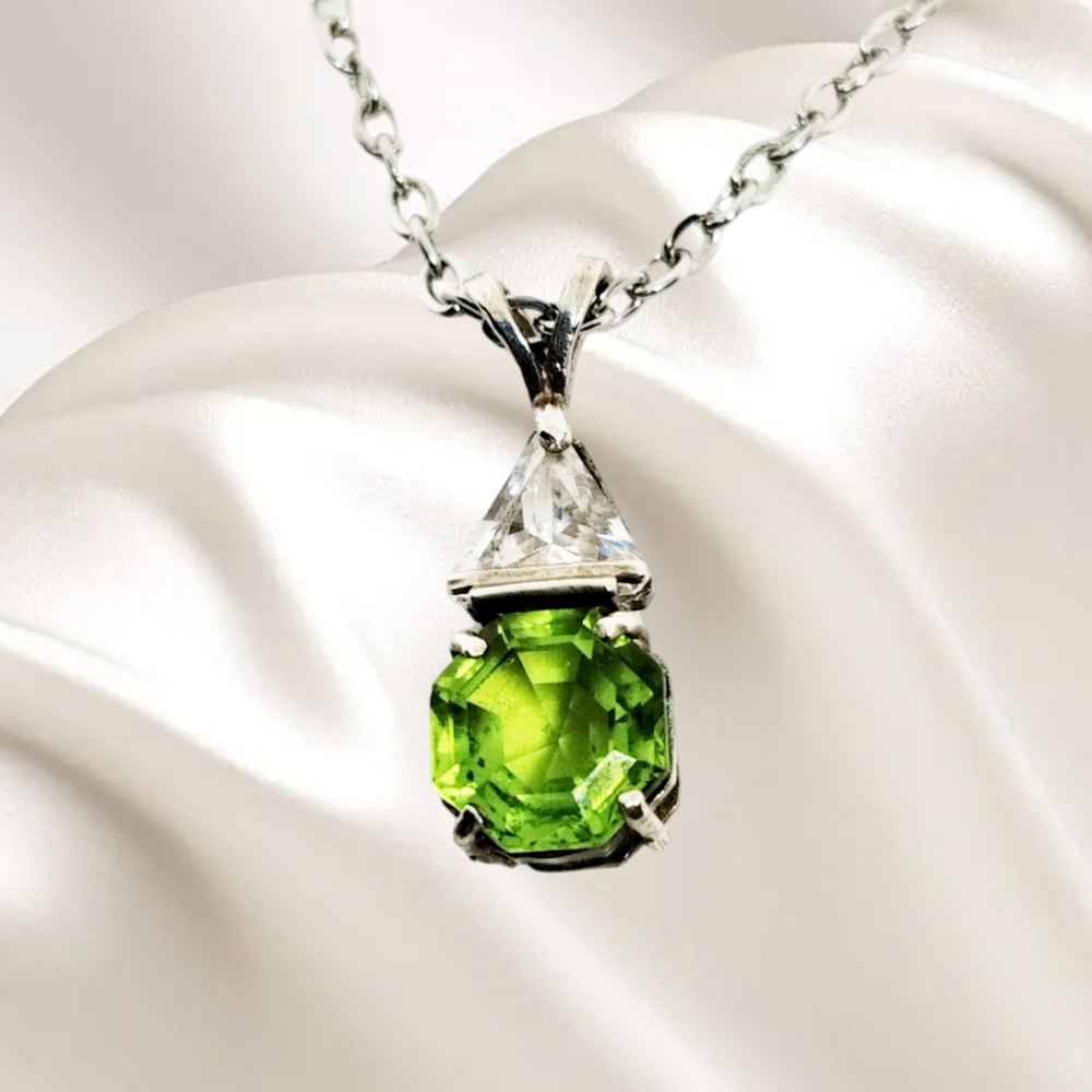 Peridot and Clear CZ Stone Sterling Silver Pendant with Stainless Steel …